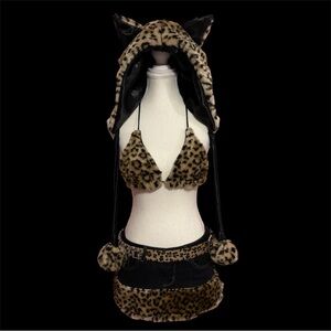 Leopard Print Hooded Bikini and Skirt Set